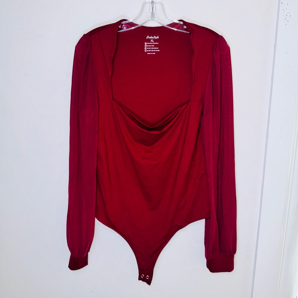 PinkmStyle Red Cowl Neck Bodysuit Sheer Mesh Long Sleeve XL